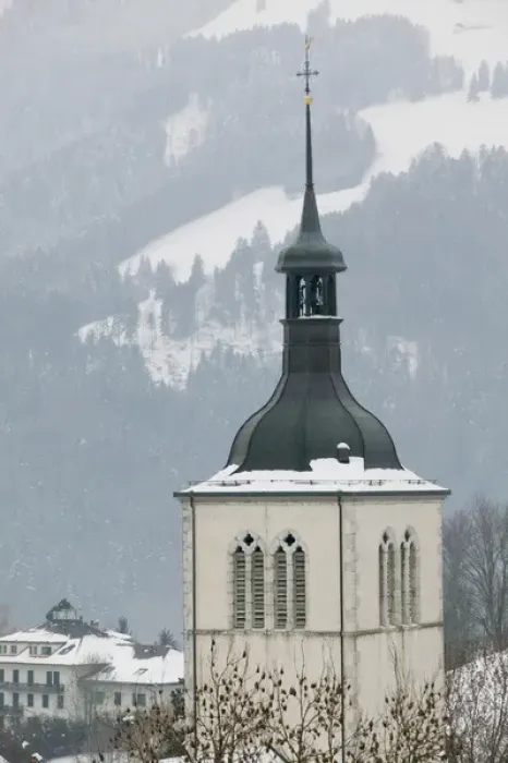 Framed Print : SWITZERLAND-Fribourg-GRUYERES: Upper Town Church View from Gruyeres Castle  /  Winter