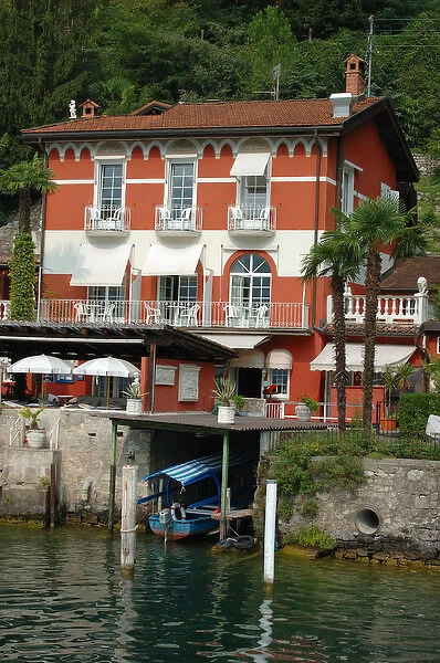 05. Switzerland, Lugano, Lake Lugano, lakeside village cafe (Editorial Usage Only)