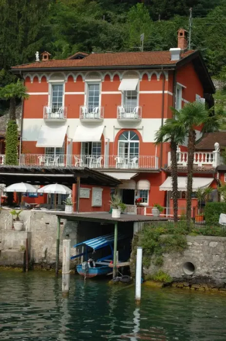 Framed Print : 05. Switzerland, Lugano, Lake Lugano, lakeside village cafe (Editorial Usage Only)