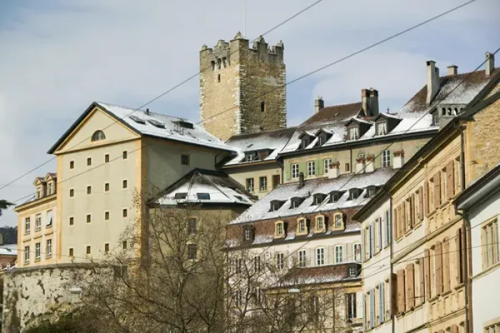 Framed Print : SWITZERLAND-NEUCHATEL: Town View & Prison Tower  /  Winter