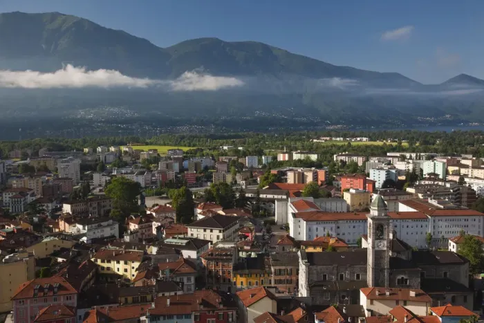 Framed Print : SWITZERLAND, Ticino Canton, Locarno. High angle town view, morning
