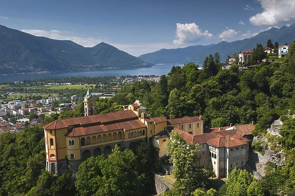 SWITZERLAND, Ticino Canton, Locarno. Madonna del Sasso church and Lake Maggiore