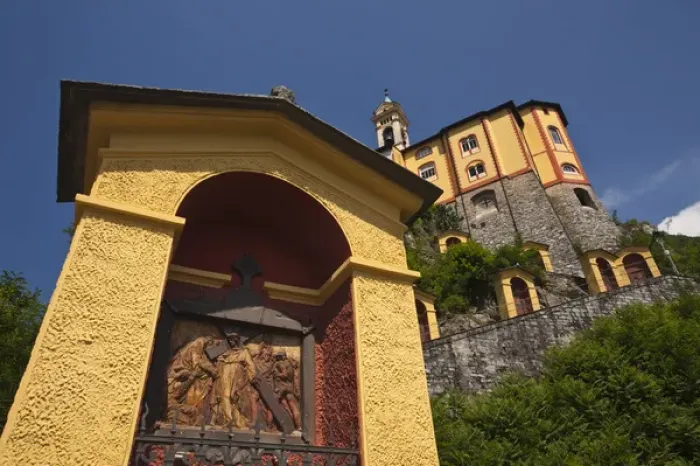 Framed Print : SWITZERLAND, Ticino Canton, Locarno. Madonna del Sasso church and Via Monti della