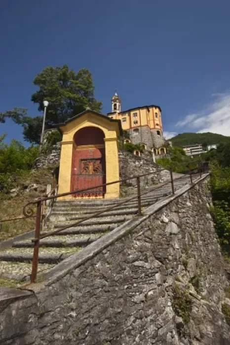 Framed Print : Switzerland, Ticino Canton, Locarno. Madonna del Sasso church and Via Monti della Trinita steps