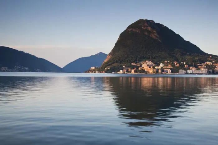Framed Print : SWITZERLAND, Ticino Canton, Lugano. Lakefront view of Monte San Salvador