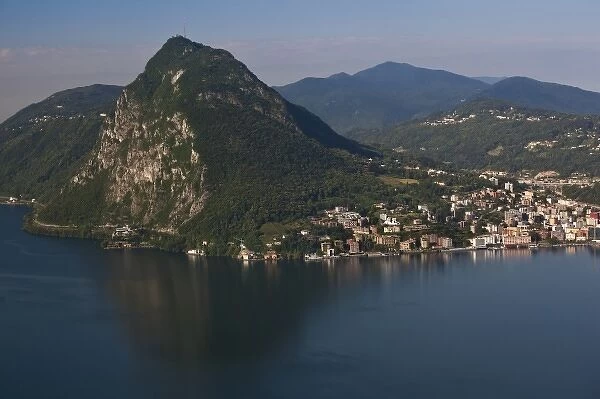 Switzerland, Ticino Canton, Lugano. High angle view of lakefront and Monte San Salvador