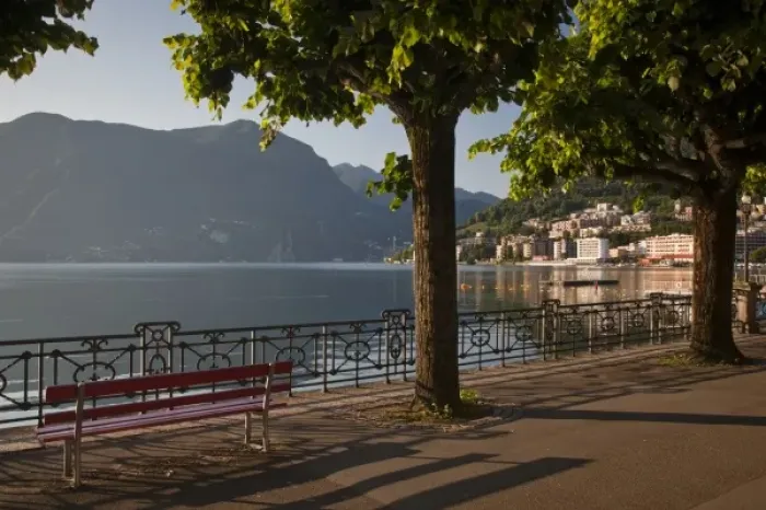 Framed Print : Switzerland, Ticino Canton, Lugano. Lakefront by Riva Caccia