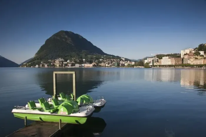 Framed Print : SWITZERLAND, Ticino Canton, Lugano. Lakefront paddleboats and Monte San Salvador