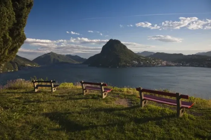 Framed Print : Switzerland, Ticino Canton, Lugano. Parco San Michele and view towards Monte San Salvador
