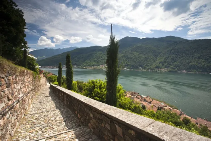 Framed Print : SWITZERLAND, Ticino Canton, Morcote. Stairs to the Chiesa Santa Maria del Sasso church