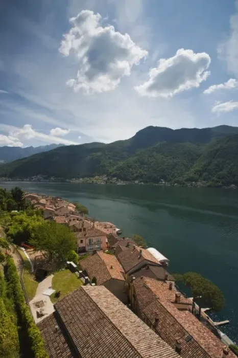 Framed Print : Switzerland, Ticino Canton, Morcote. High angle town view