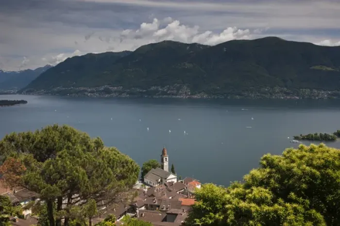 Framed Print : SWITZERLAND, Ticino Canton, Ronco. High angle view of town church and Lake Maggiore Framed Print : SWITZERLAND, Ticino Canton, Ronco. High angle view of town church and Lake Maggiore
