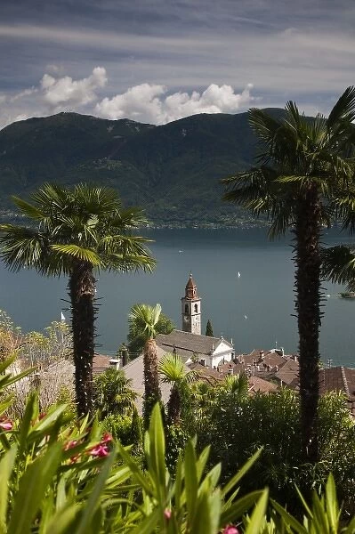 Switzerland, Ticino Canton, Ronco. High angle view of town church and Lake Maggiore