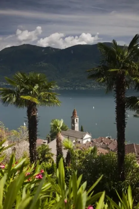 Framed Print : Switzerland, Ticino Canton, Ronco. High angle view of town church and Lake Maggiore Framed Print : Switzerland, Ticino Canton, Ronco. High angle view of town church and Lake Maggiore