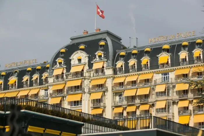 Framed Print : SWITZERLAND-(Vaud)-Swiss Riviera-MONTREUX: Le Montreux Place Hotel on Lake Geneva