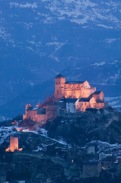 SWITZERLAND-Wallis  /  Valais-SION: Basilique de Valere (12th century) & Town Evening  /  Winter