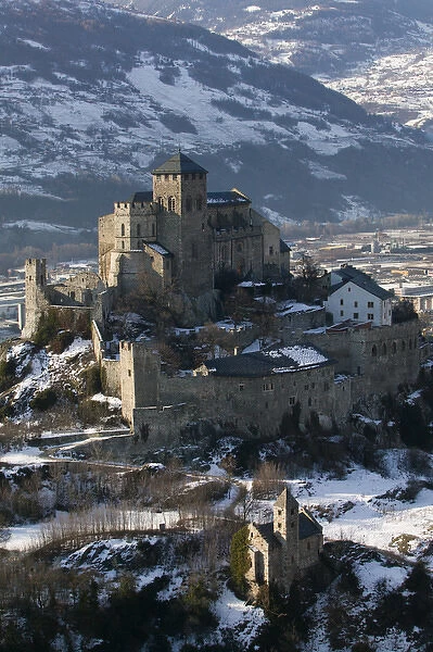 SWITZERLAND-Wallis  /  Valais-SION: Basilique de Valere (12th century) & Town Morning  /  Winter