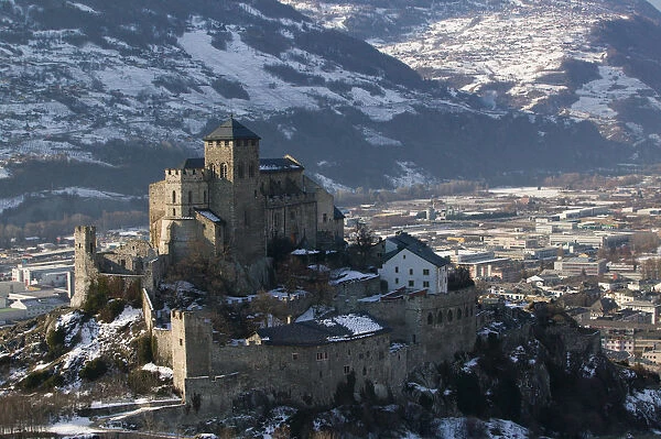 SWITZERLAND-Wallis  /  Valais-SION: Basilique de Valere (12th century) & Town Morning  /  Winter