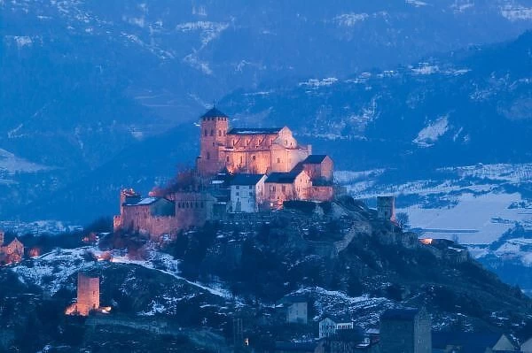 SWITZERLAND, Wallis  /  Valais, SION: Basilique de Valere (12th century) & Town Evening  / 