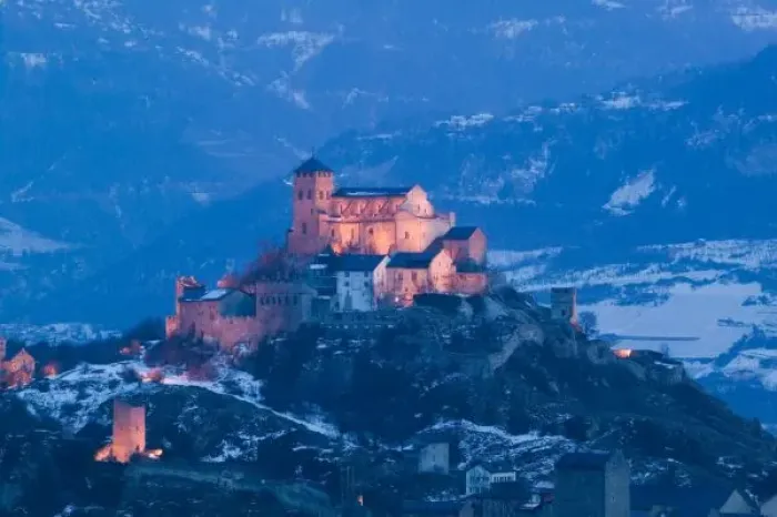 Framed Print : SWITZERLAND, Wallis / Valais, SION: Basilique de Valere (12th century) & Town Evening / Framed Print : SWITZERLAND, Wallis / Valais, SION: Basilique de Valere (12th century) & Town Evening /
