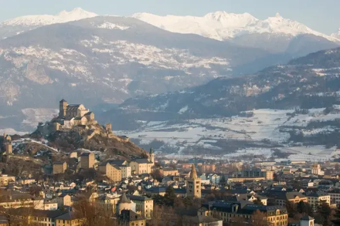 Framed Print : SWITZERLAND-Wallis  /  Valais-SION: Basilique de Valere (12th century) & Town Late Afternoon  / 
