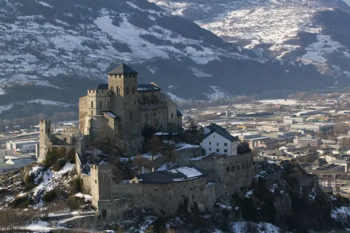 Framed Print : SWITZERLAND-Wallis / Valais-SION: Basilique de Valere (12th century) & Town Morning / Winter Framed Print : SWITZERLAND-Wallis / Valais-SION: Basilique de Valere (12th century) & Town Morning / Winter