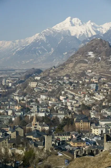 Framed Print : SWITZERLAND-Wallis / Valais-SION: High Vantage Point Town View Morning / Winter Framed Print : SWITZERLAND-Wallis / Valais-SION: High Vantage Point Town View Morning / Winter