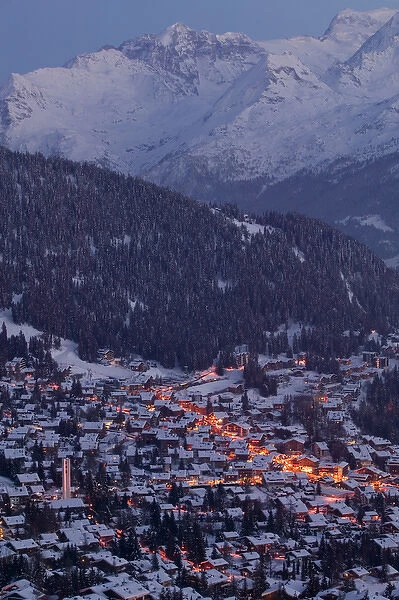 SWITZERLAND-Wallis  /  Valais-VERBIER: Ski Resort  /  Winter Evening Town View from Route