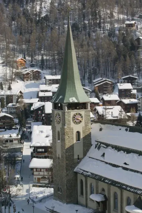 Framed Print : SWITZERLAND-Wallis  /  Valais-ZERMATT: Town Parish Church  /  Daytime  /  Winter
