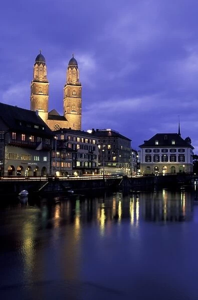 Switzerland, Zurich. Grossmunster Cathedral and Limmat River