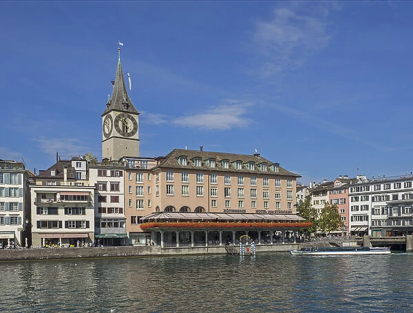 Switzerland, Zurich, Historic Lindenhof area and Limmat River; Saint Peter's