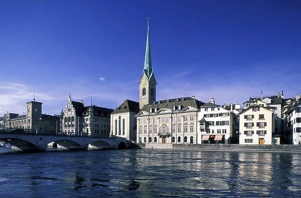 Switzerland, Zurich. View of Fraumunster Church and Limmat River