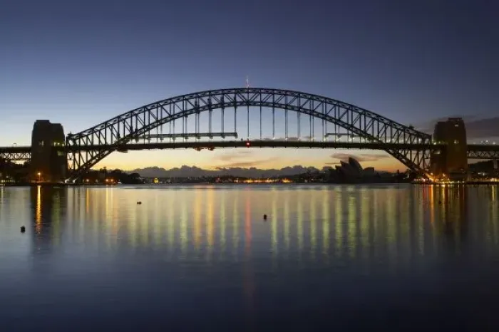 Framed Print : Sydney Harbor Bridge and Sydney Opera House at Dawn, Sydney, New South Wales, Australia