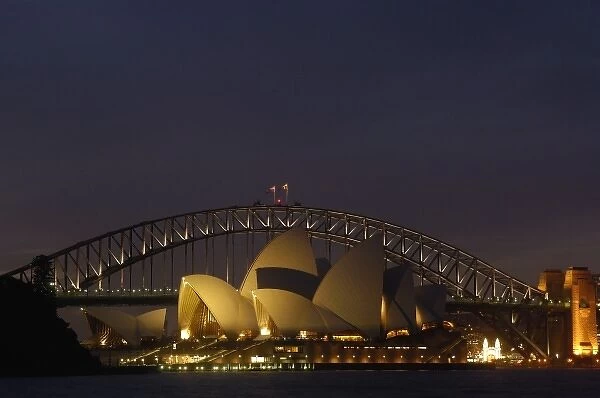 Sydney Opera House with Sydney Harbour Bridge at night. Sydney NSW AUSTRALIA