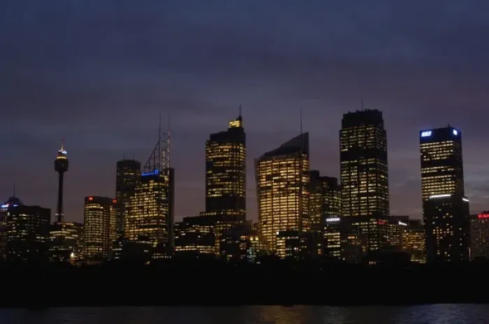 Framed Print : Sydney skyline at night with the Sydney Harbour in the foreground. Sydney. NSW. AUSTRALIA