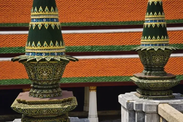 Framed Print : Symbolic offerings in cone shape called Phanom Mak situated on the marble terrace