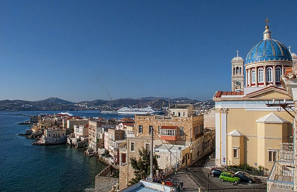 Syros Greece Islands in the Hermoupolis capital white buildings with church St Nicholas