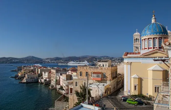 Framed Print : Syros Greece Islands in the Hermoupolis capital white buildings with church St Nicholas Framed Print : Syros Greece Islands in the Hermoupolis capital white buildings with church St Nicholas