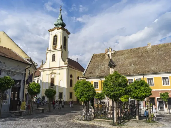 Framed Print : Szentendre near Budapest. Main Square (foe ter) with plague Column and the Blagovescenska church Framed Print : Szentendre near Budapest. Main Square (foe ter) with plague Column and the Blagovescenska church