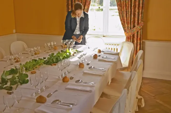 Framed Print : The table set for lunch and wine tasting for visitors and a watress at a sunny window
