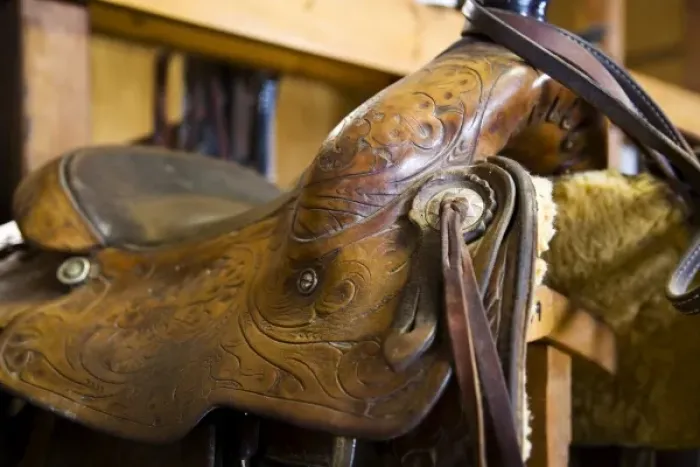 Framed Print : The tack room showing saddles and cowboy boots on The Hideout Ranch in Shell Wyoming