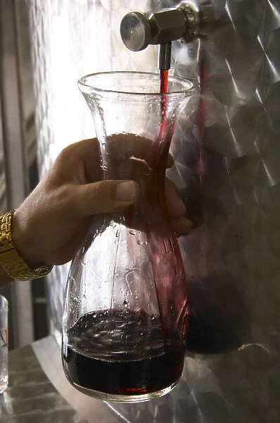 Taking a tank sample of red wine from a stainless steel tank into a glass decanter