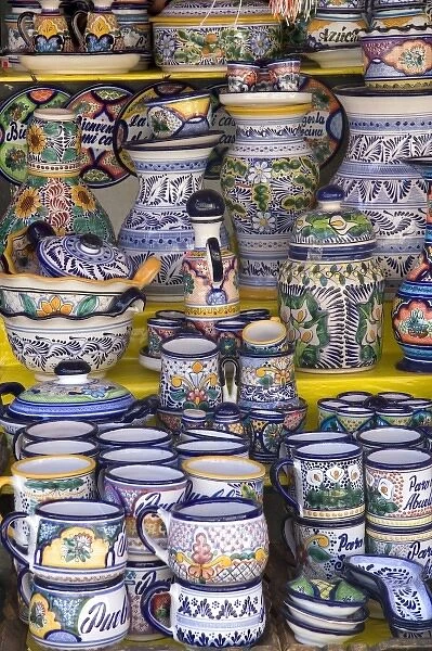 Talavera pottery being sold at an outdoor market in the city of Puebla, Puebla, Mexico