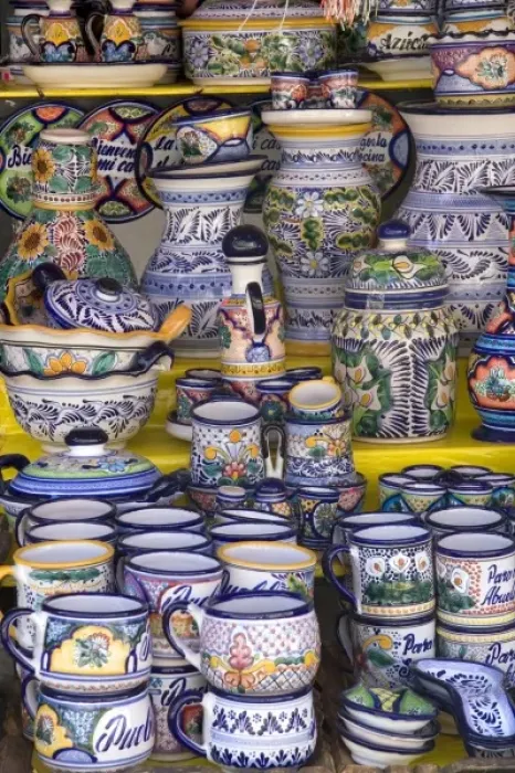 Framed Print : Talavera pottery being sold at an outdoor market in the city of Puebla, Puebla, Mexico Framed Print : Talavera pottery being sold at an outdoor market in the city of Puebla, Puebla, Mexico
