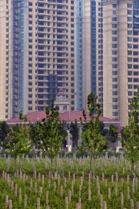 Framed Print : Tall apartment buildings next to vineyard at Chateau Changyu-Castel, a joint venture