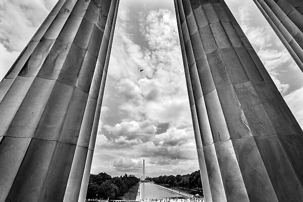 Tall white columns, Lincoln Memorial, Washington DC. Dedicated 1922