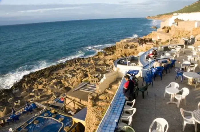 Framed Print : Tangier Morocco cafe on the Atlantic Ocean at Hercules Cave