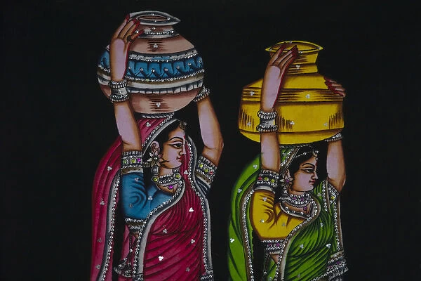 Tapestry depicting Indian girls carrying jars on head, Jaipur, Rajasthan, India