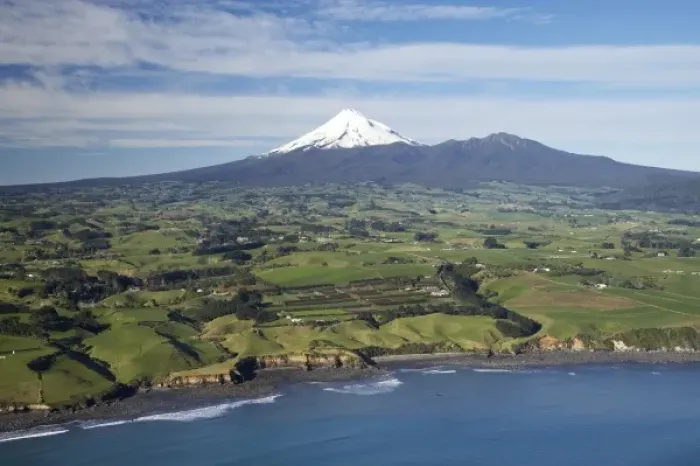 Framed Print : Taranaki Coastline near New Plymouth, Farmland and Mt Taranaki  /  Mt Egmont, Taranaki