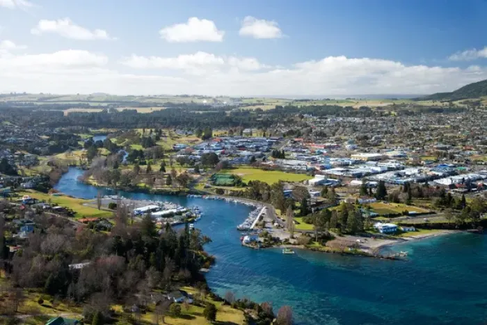 Framed Print : Taupo, Lake Taupo and Waikato River, North Island, New Zealand - aerial